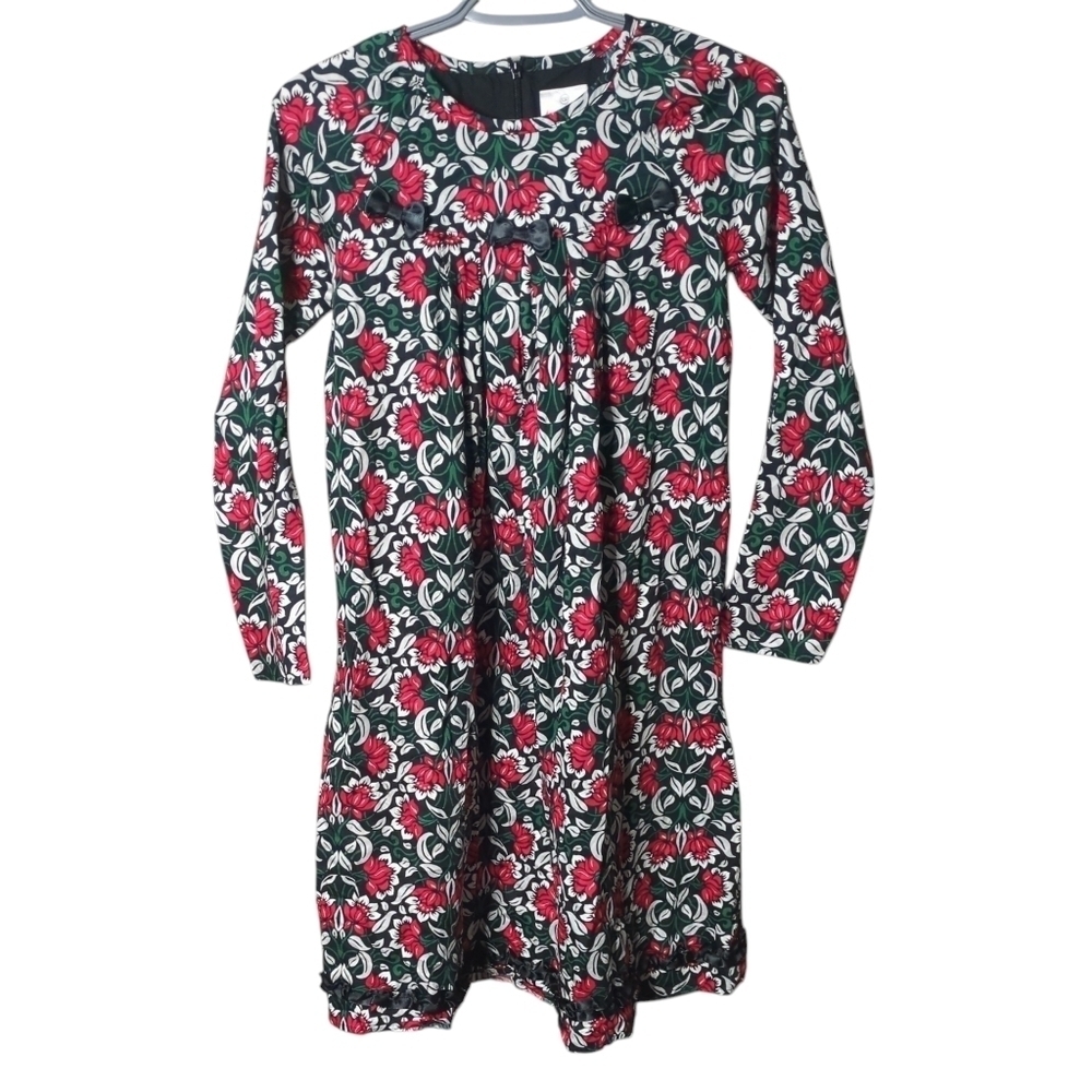 Hanna Andersson Floral Sateen Holiday Dress Pleated Bows Size 12 (150cm)